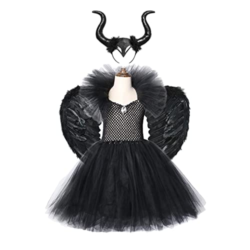 nezababy Maleficent Kostüm für Mädchen mit Hexenhörnern und Flügeln Tutu-Kleid der bösen Königin Halloween Teufelskopfbedeckung Vampir-Outfit Partygeschenke (Maleficent Kostüm, L) von nezababy