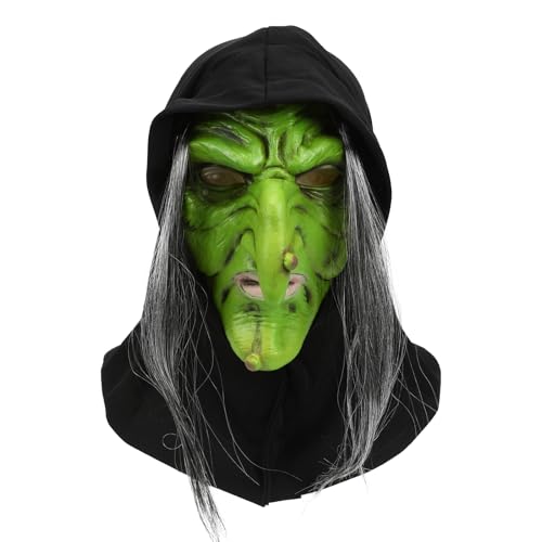 nezababy Maske einer alten Dame, Hexenmaske mit Perücke, gruselige Zauberin, Latexmaske, Party-Kopfbedeckung, Halloween-Kostüm, Cosplay-Requisite (Halloween Maske-D) von nezababy