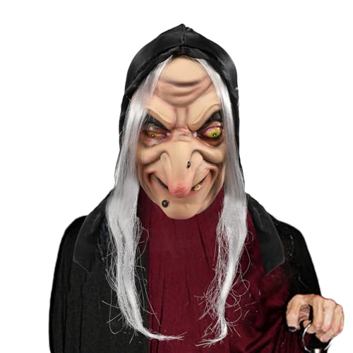 nezababy Maske einer alten Dame, Hexenmaske mit Perücke, gruselige Zauberin, Latexmaske, Party-Kopfbedeckung, Halloween-Kostüm, Cosplay-Requisite (Halloween Maske-E) von nezababy