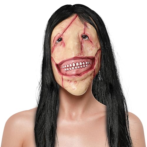 nezababy Scary Mask Horror Mask Realistic Mask with Long Wig Creepy Headwear Devil Halloween Cosplay Costume Party Prop (Halloween Maske-A) von nezababy