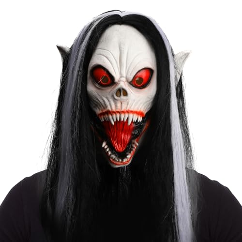 nezababy Scary Mask Horror Mask Realistic Mask with Long Wig Creepy Headwear Devil Halloween Cosplay Costume Party Prop (Halloween Maske-B) von nezababy