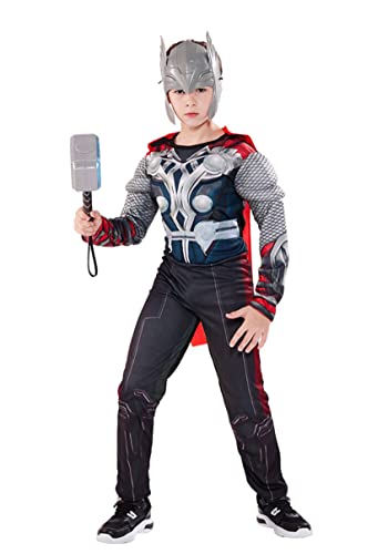 Thor Kostüm für Kinder Muskelanzug Helm Superhelden Outfit Jungen bestehend Umhang elektronischem Hammer Axt von nezababy