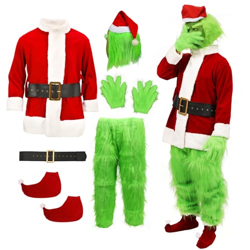 nezababy Weihnachtskostüm Weihnachtskostüm für Erwachsene Grüner Monstermaske Weihnachtsmannkostüm Cosplay Männer Weihnachtsgeschenke (6PCS Weihnachtsmann Kostüm, Groß) von nezababy