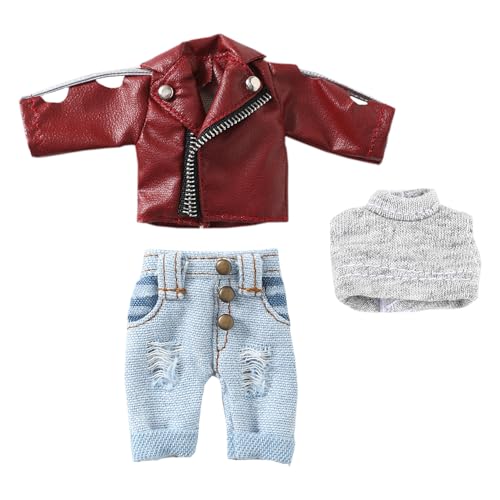 niannyyhouse 1/12 BJD OB11 Puppenkleidung Lederjacke Weste Zerrissene Jeans Puppe Dressup (Weinrot) von niannyyhouse