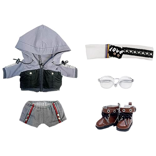 niannyyhouse 15 cm 20 cm Plüschpuppenkleidung, cooles Set, Denim-Hoodie, Hose, Kopfbedeckung, Brille, Schuhe, weiches Plüschtier, verkleiden sich (grau, 20 cm) von niannyyhouse