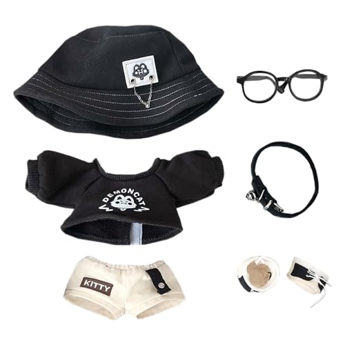 niannyyhouse 20 cm große Plüschpuppe, Kleidung, Hut, langärmelig, T-Shirt, Hose, Brille, Halskette, Schuhe, Dämonen-Outfit, 20,3 cm Puppenzubehör von niannyyhouse