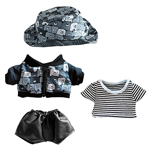 niannyyhouse Bärenmuster, Hut, Jacke, gestreiftes T-Shirt, Lederhose, Kpop-Puppe, 20 cm, Plüschpuppe, Stofftierkleidung (B) von niannyyhouse