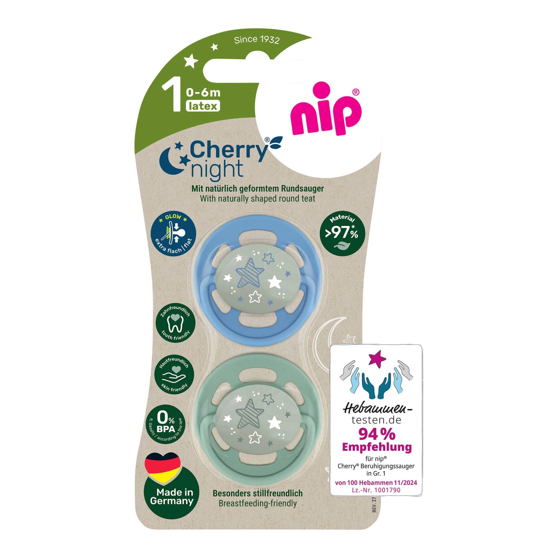 Nip 2er-Pack Schnuller Cherry Night, Größe 1 von nip