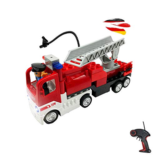 RC ferngesteuerter Feuerwehrwagen aus CaDA Baustein-Set, Feuerwehr-Auto mit LED Frontlicht, Steck-Bausatz Lösch-Fahrzeug, DIY Modellbausatz a. Klemmbausteinen, Technik-Bausatz, f. Kinder u. Erwachsene von njoyn