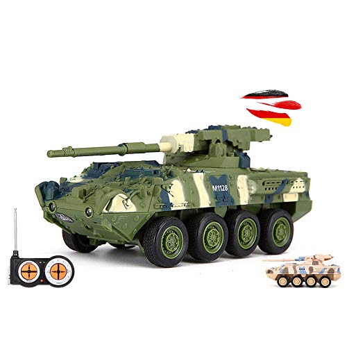 RC ferngesteuerter US M1128 Stryker MGS Panzer-Kampfwagen mit Fernsteuerung und integr. Akku, Hochwertiges und robustes Tank-Fahrzeug, Militär-Spielzeug Modell, Panzerwagen für Kinder und Erwachsene von njoyn