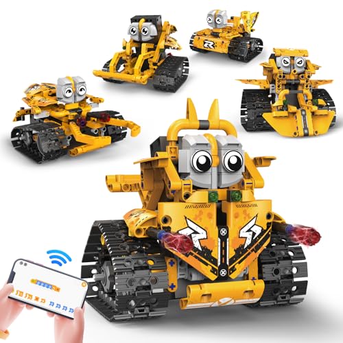 nmoiww Ferngesteuerter Bausteinroboter, Ferngesteuerter Mehrfach-Wechselbaustein-Jedi-Rettungsteam, 5-in-1-App und Ferngesteuerter Roboterpanzer-Geländewagen (Gelb) von nmoiww