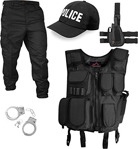 normani SWAT/Security/Police Kostüm bestehend aus Weste, Hose, Pistolenholster, Handschellen und Basecap Farbe Schwarz/Police Größe XL von normani