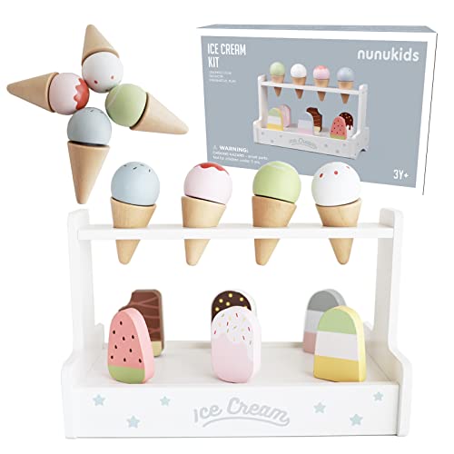 nunukids Wooden Ice Cream Set Eisdielenspielzeug – Realistisches Kinder-Eisdielen-Set, Hölzernes Eiscreme-Spielzeug, Perfekt für Kinder-Spielecke und Kaufmannsladen von nunukids