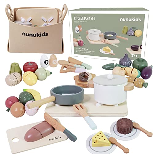 nunukids Spielküche Zubehör - Premium Holzspielzeug Set für Kinderküche und Kaufladen - Inklusive Topfset, Küchenspielzeug, Obst zum Schneiden und vieles mehr von nunukids
