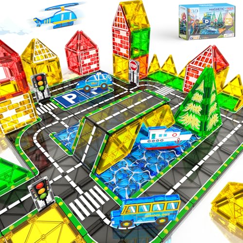 Magnetische Bausteine Straßen-Set mit Auto Magnetspiel Magnete Kinder Ausfahrbarem Magnetbausteine Montessori Spielzeug ab 3 4 5 6 Jahre Junge Mädchen Kinderspielzeug Weihnachten Geburtstag Geschenke von obakaer