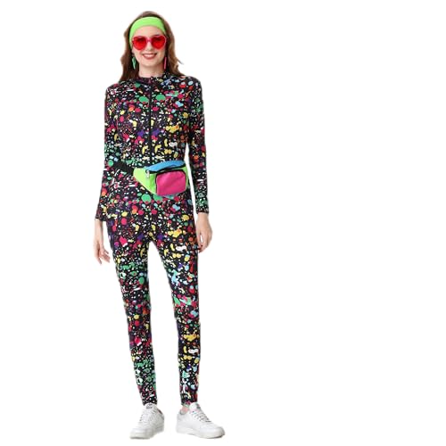 oewyrou 80er Jahre Outfit Damen Set, 80s 90s Workout Kostüme mit Gürteltaschen Brillen Ohrringe Haarbänder für Halloween Karneval Neon Party von oewyrou