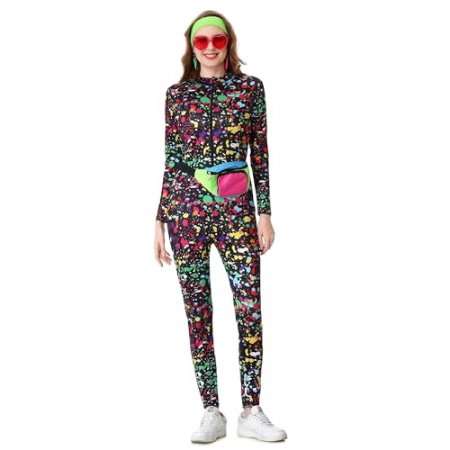 oewyrou 80er Jahre Outfit Damen Set, 80s 90s Workout Kostüme mit Gürteltaschen Brillen Ohrringe Haarbänder für Halloween Karneval Neon Party von oewyrou