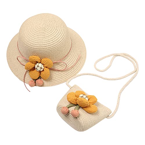 ofeirhz Sonnenhut für Kinder, Mädchen, Blume, Strand, Sonnenhut, Tasche, Kinder, Sommerhut und Handschuhe, Set für Mädchen (Beige, Einheitsgröße) von ofeirhz