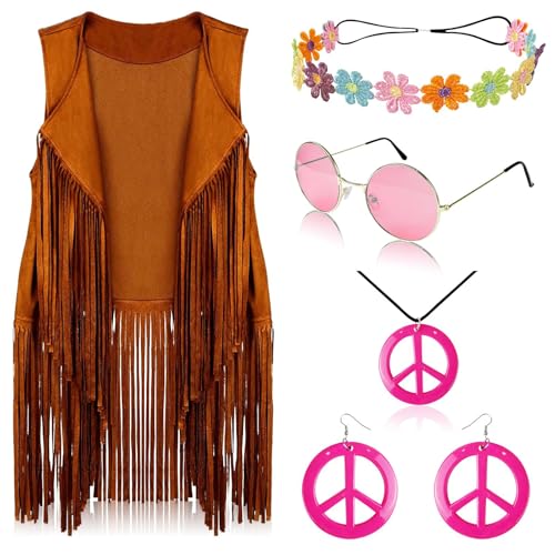 omiinitio Discos Hippie Kostüm Outfits Für Retro Party Kostüm Retro Sonnenbrille Friedenszeichen Ohrring Halskette Fransenweste Für Frauen von omiinitio