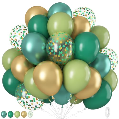 35Pcs Luftballons Grün Gold, 12 Zoll Dunkelgrün Salbeigrün Metallic Gold Grün Luftballon mit Konfetti Helium Ballons, Retro Grün Gold Ballons für Geburtstag Hochzeit Dschungelparty 32873 von onehous