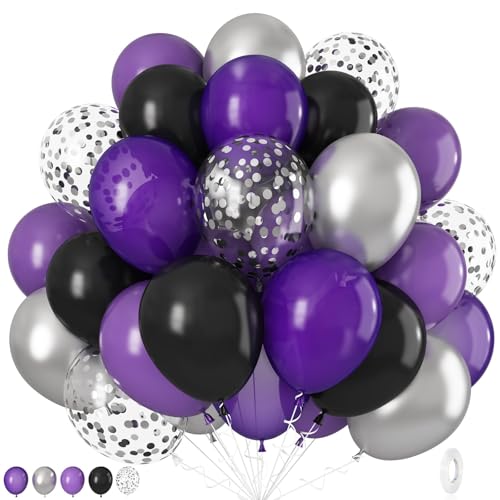 35Pcs Luftballons Schwarz Lila Silber, 12 Zoll Dunkel Violett Schwarz Metallic Silber Ballons mit Konfetti Luftballons, Lila Schwarz Party Deko für Geburtstag Abschluss Jahrestag Halloween Deko 32879 von onehous