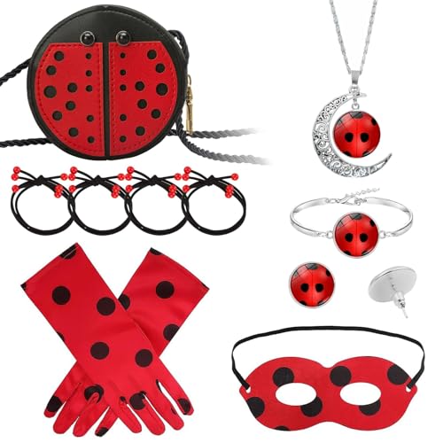 Kostüm Rot Zubehör Set Mädchen,Halskette+Armband+Ohrstecker+Maske+Tasche+Handschuhe+Haarbänder,Rollenspiel Set,für Halloween Karneval,Glücksgeschenk Mädchen Kinder von oosheon