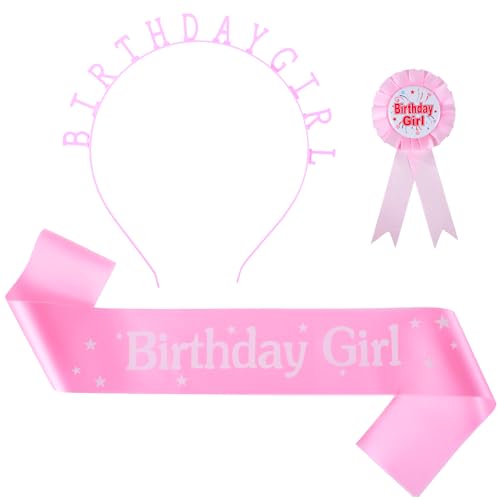 Oruola Geburtstag Mädchen Stirnband, Geburtstag Mädchen Schärpe und Geburtstag Badge Mädchen Set – Rosa Geburtstag Dekorationen für Kinder und Frauen – Inklusive Diadem, Schärpe und Abzeichen für von oruola