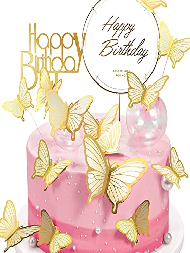 22 Stück Schmetterlinge Tortendeko ， Tortendeko Geburtstag ，Tortendeko Geburtstag Mädchen mit 2Happy Birthday-Acryl-Kuchenaufsätzen,Happy Birthday Tortendeko Hochzeitstorte Deko (Beige)… von owlfun