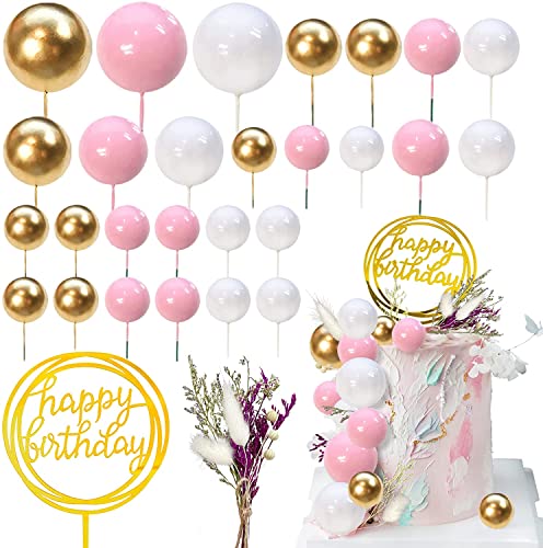 29Stück Tortendeko Hochzeit goldene Kugeln, Cupcake Topper,Happy Birthday Cake topper mit getrocknete Blumen, DIY Kuchen Topper für Geburtstag Hochzeit Babyparty (Pink White Gold) von owlfun