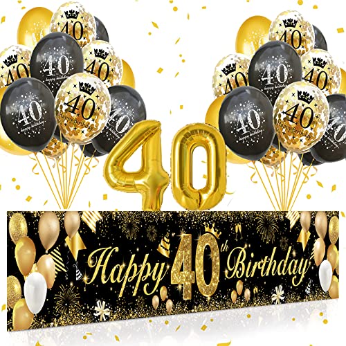 40 Geburtstag Dekoration Männer Frauen，40.Geburtstag Deko Banner Hintergrund und Schwarzes Gold luftballons Konfetti Luftballon für 50th Jubiläum Geburtstagsparty Supplies Dekor von owlfun