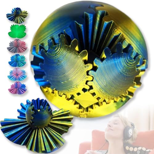 Gear Ball 3D-Gedruckter Whirling Wonder Fidget Gear Ball 3D Printed Gear Ball Spin Ball or Cube Fidget Toy，Spin Ball Cube Fidget Ball Toy Gear Sphere Stress (gelblich und blau, 8 cm/3.15 in) von owlfun