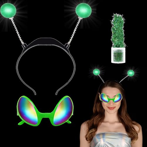 LED Silberrahmen-Farbfolie Alien Haarreif，Alien Kostüm Damen Ancient Aliens Haarreifen Männer，Glitzer Haarreif Sterne Astronaut Kostüm Kinder Für Halloween Karneval Und Maskerade Party (grüner) von owlfun