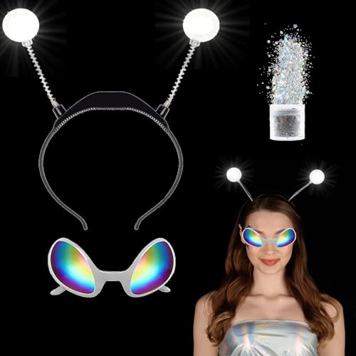 LED Silberrahmen-Farbfolie Alien Haarreif，Alien Kostüm Damen Ancient Aliens Haarreifen Männer，Glitzer Haarreif Sterne Astronaut Kostüm Kinder Für Halloween Karneval Und Maskerade Party (silber) von owlfun