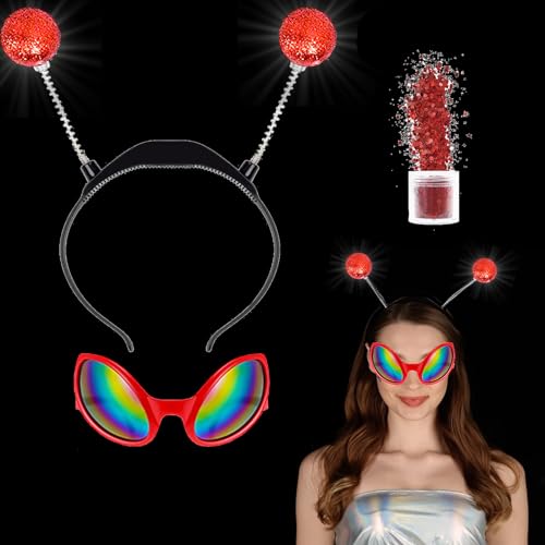 owlfun LED Silberrahmen-Farbfolie Alien Haarreif，Alien Kostüm Damen Ancient Aliens Haarreifen Männer，Glitzer Haarreif Sterne Astronaut Kostüm Kinder Für Halloween Karneval Und Maskerade Party (rot) von owlfun