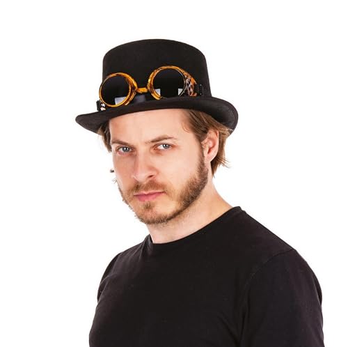 P' CLOWN - 95840 – Hut hohe Form Steampunk – Schweißerbrille abnehmbar – Steamgoggles Hut – Kostümzubehör – Karneval – Halloween, Themenpartys, Cosplay – Erwachsene – Schwarz von p'tit clown