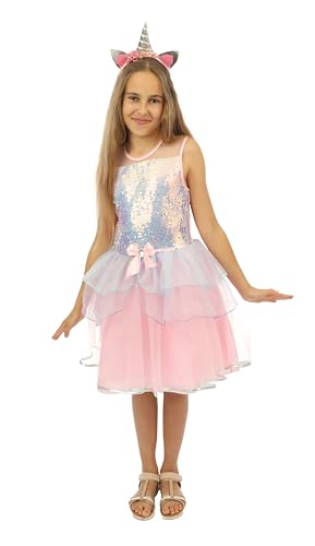 P' CLOWN - Einhorn-Kostüm für Mädchen – Kleid, Haarreif – Prinzessinnen-Kostüm für Kinder – perfekt für Karneval, Cosplay, haloween Kostümpartys und Themenveranstaltungen (Rosa, 10-12 Jahre) von p'tit clown