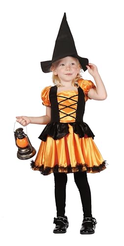 P'TIT CLOWN - Hexenkostüm für Mädchen – Kleid, Hut – Kostüm für kleine Kinder, Halloween, Cosplay, Kostümpartys und Themenveranstaltungen (Orange, Schwarz, 1-2 Jahre) von p'tit clown