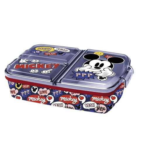 p:os 32979 32979-Mickey Mouse Brotdose für Kinder mit 3 Fächern, Lunchbox aus Kunststoff mit Clip-Verschlüssen, Vesperdose für Kindergarten, Schule und Freizeit, Mehrfarbig, 18 x 13,5 x 5,5 cm von p:os