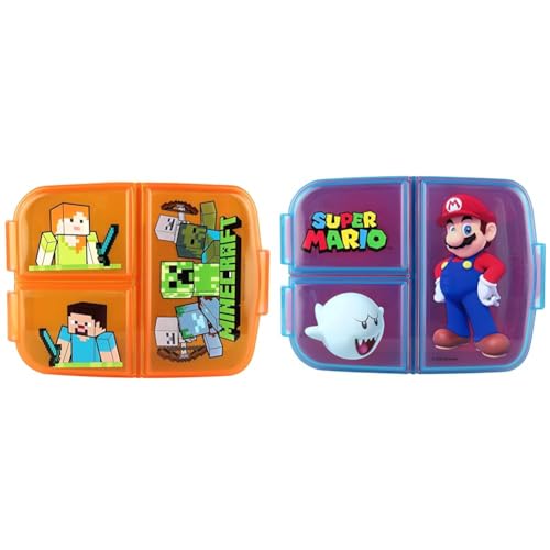 p:os Minecraft Brotdose für Kinder mit 3 Fächern & Super Mario Brotdose für Kinder mit 3 Fächern, Lunchbox aus Kunststoff mit Clip-Verschlüssen von p:os