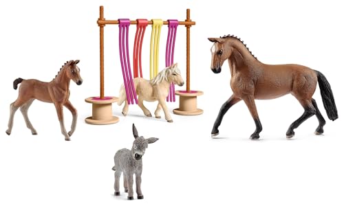 4in1-SET Schleich Pferde | Hannoveraner Stute + Fohlen Training am Flattervorhang und Esel von pabuTEL-Bundle