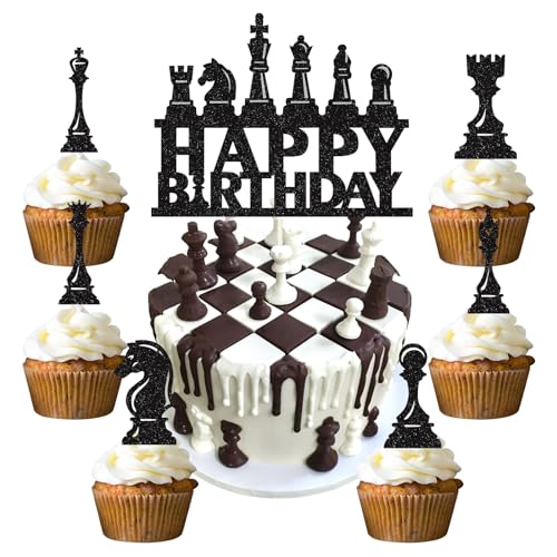 palasasa 25 Stück Schach Tortendeko Chess Happy Birthday Cake Topper Schwarz Schachspielthema Kuchen Dekoration für Baby Shower Mädchen Junge Kinder Geburtstag Party Kuchen Dekorationen Supplies von palasasa