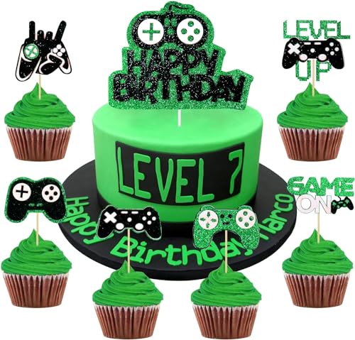 25 Stück Tortendeko Geburtstag Videospiel Torten Deko Gaming Dekoration Cupcake Kuchen Geburtstag Kuchen Deko Jungen Kinder Tortenaufleger für Kindergeburtstag Spiel Thema Party Dekoration(Grün) von palasasa