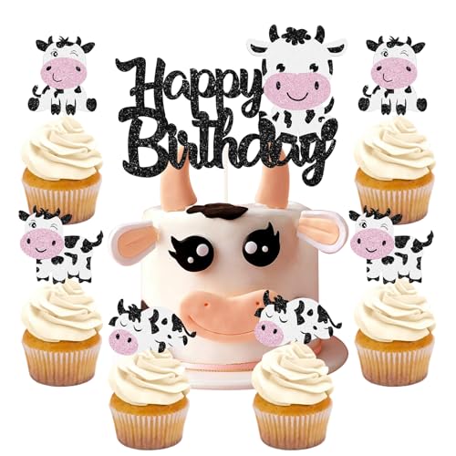 Kuh Tortendeko Cow Cupcake Topper Milchkuh Kuchen Topper Alles Gute zum Geburtstag Kuchen Dekorationen für Baby Shower Kuh Bauernhof Tier Zoo Themen Kinder Jungen Mädchen Geburtstag Party von palasasa