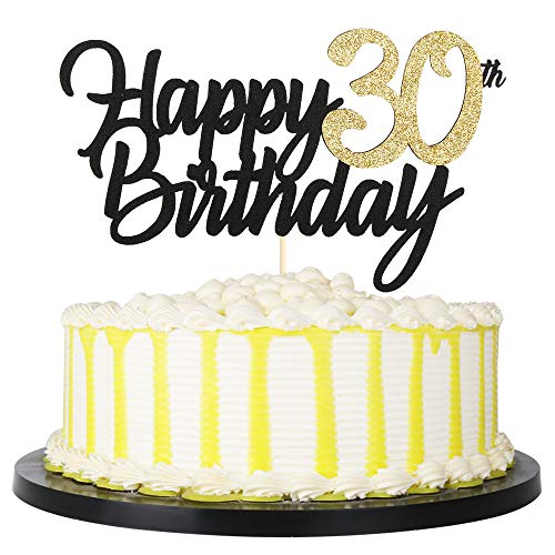 PALASASA Black Gold Glitter Happy Birthday cake topper - 30 Anniversary/Birthday Cake Topper Party Decoration (30th) von palasasa