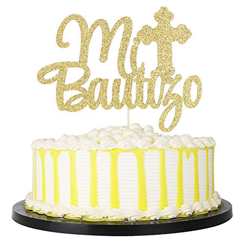 palasasa Gold Glitzer Mi Bautizo Tortenaufsatz – Religiöser Gott segne Mich Kreuz Kuchendekoration – Heilige Erstkommunion Babyparty – Taufe Feliz Cumpleanos Partydekoration Segen Sie Dieses Kind von palasasa