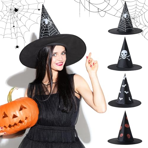 panemy Halloween Hexenhut, 4 Stück Schwarz Halloween Hut, Hexen Accessoires Damen, Halloween Kostüm Hexenhut für Halloween-Partys, Kostümpartys, Cosplay-Partys von panemy