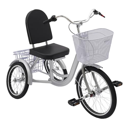 Dreirad für Senioren mit 2 Körben Tricycle für Erwachsene 1.5-1.85m mit verstellbarem Sitz und großen Bremsen bequem für den täglichen Gebrauch (Silber) von panfudongk