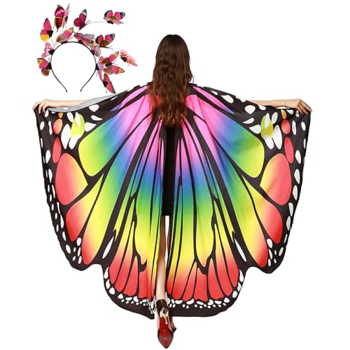 panthem Karnevalskostüm Damen Schmetterling Umhang für Fasching mit Haarreif, Schmetterlingsflügel Schmetterlinge Flügel Schal Karneval Kostüm Erwachsene Poncho für Halloween Cosplay Party von panthem