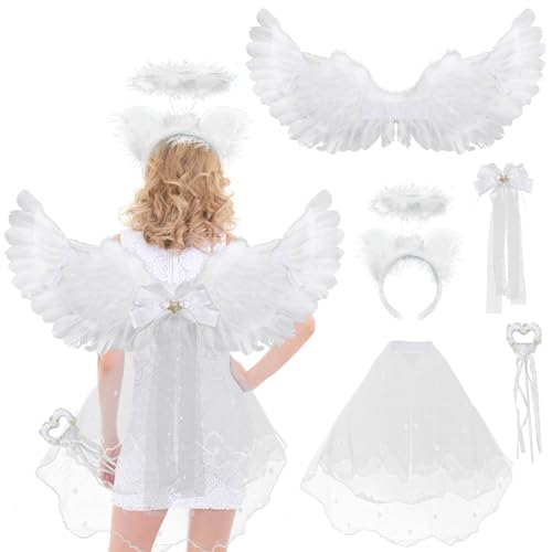 panthem Weiß Engelsflügel mit Heiligenschein, Feenstab, Schleife, Schleier - Engel Flügel Kostüm Damen, Feen Kostüm Erwachsene für Halloween Karneval Cosplay Party Fasching Kostümparty Verkleidung von panthem