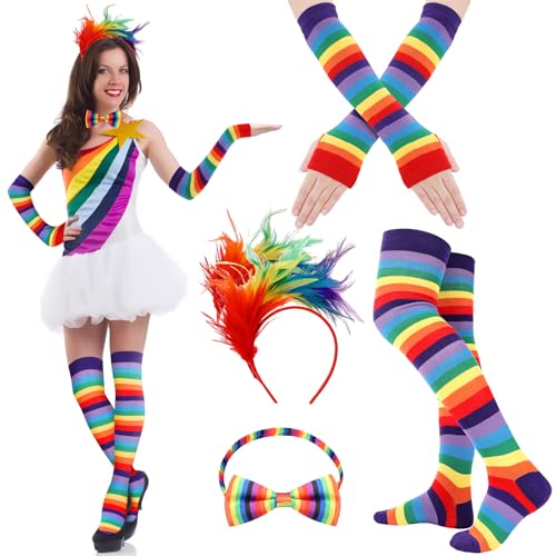 Regenbogen Kostüm Damen, 50er Jahre Rockabilly Kostüm Damen mit Kniestrümpfe Regenbogen Streifen Fingerlose Handschuhe Regenbogen Feder Stirnband Regenbogen Fliege für Karneval Party Retro Party von patinadrift